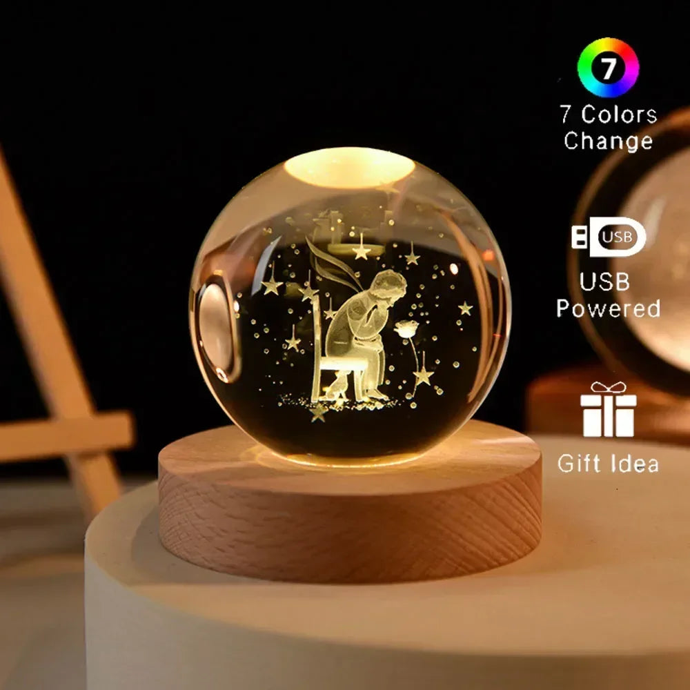 Veilleuse de Noël en cristal 3D avec base en bois, seven colors of the spectrum, LED , cadeau pour garçons et filles, 6cm