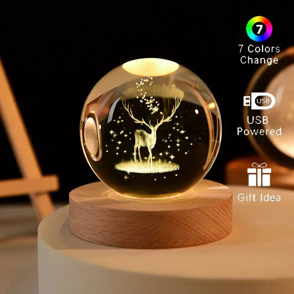 Veilleuse de Noël en cristal 3D avec base en bois, seven colors of the spectrum, LED , cadeau pour garçons et filles, 6cm
