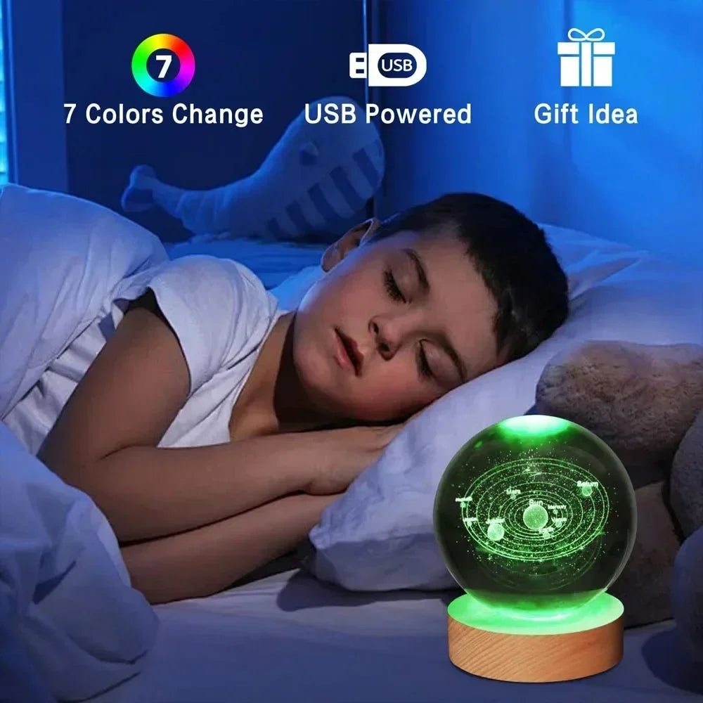 Veilleuse de Noël en cristal 3D avec base en bois, seven colors of the spectrum， LED  , cadeau pour garçons et filles, 6cm