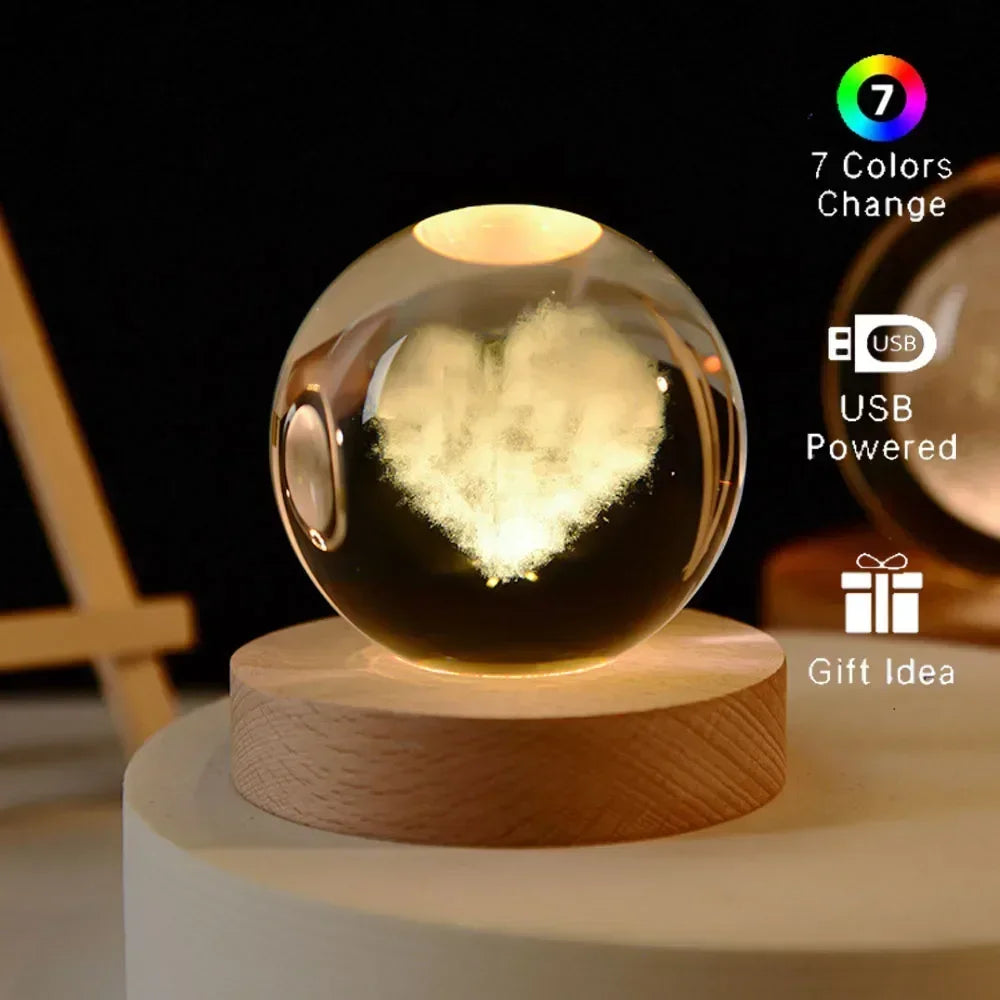 Veilleuse de Noël en cristal 3D avec base en bois, seven colors of the spectrum， LED  , cadeau pour garçons et filles, 6cm