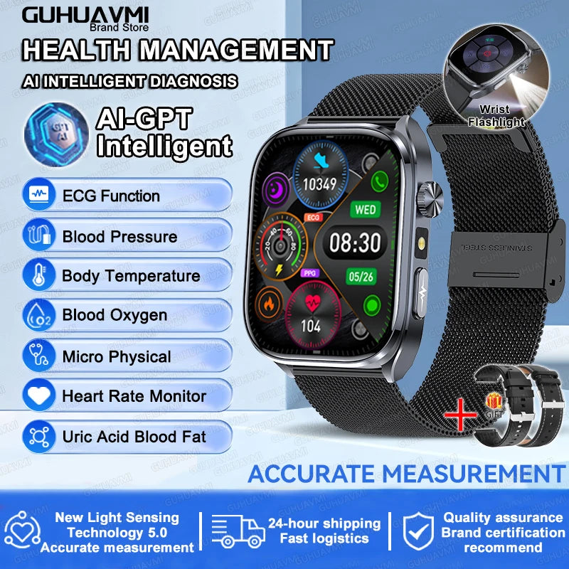 2025 New Health Tracker Uric Acid Lipids Blood Components Smart Watch Blood Pressure ECG+PPG Clock Body Analysis Smartwatch Men