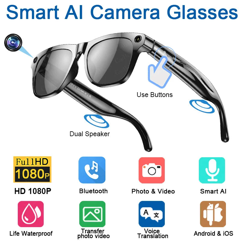 2025 Fashion AI 100MP Camera Smart Glasses Waterproof Bluetooth Call Playing Music Smart Glasses Identify Pictures Use ChatGPT