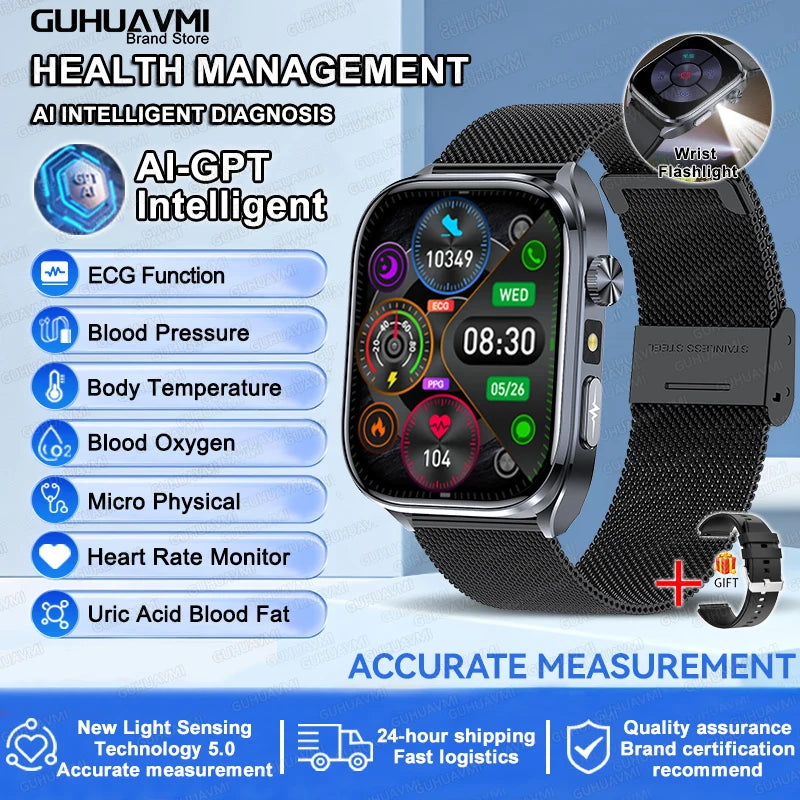 2025 New Health Tracker Uric Acid Lipids Blood Components Smart Watch Blood Pressure ECG+PPG Clock Body Analysis Smartwatch Men