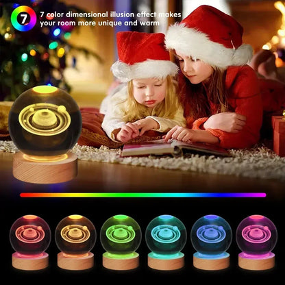 Veilleuse de Noël en cristal 3D avec base en bois, seven colors of the spectrum， LED  , cadeau pour garçons et filles, 6cm
