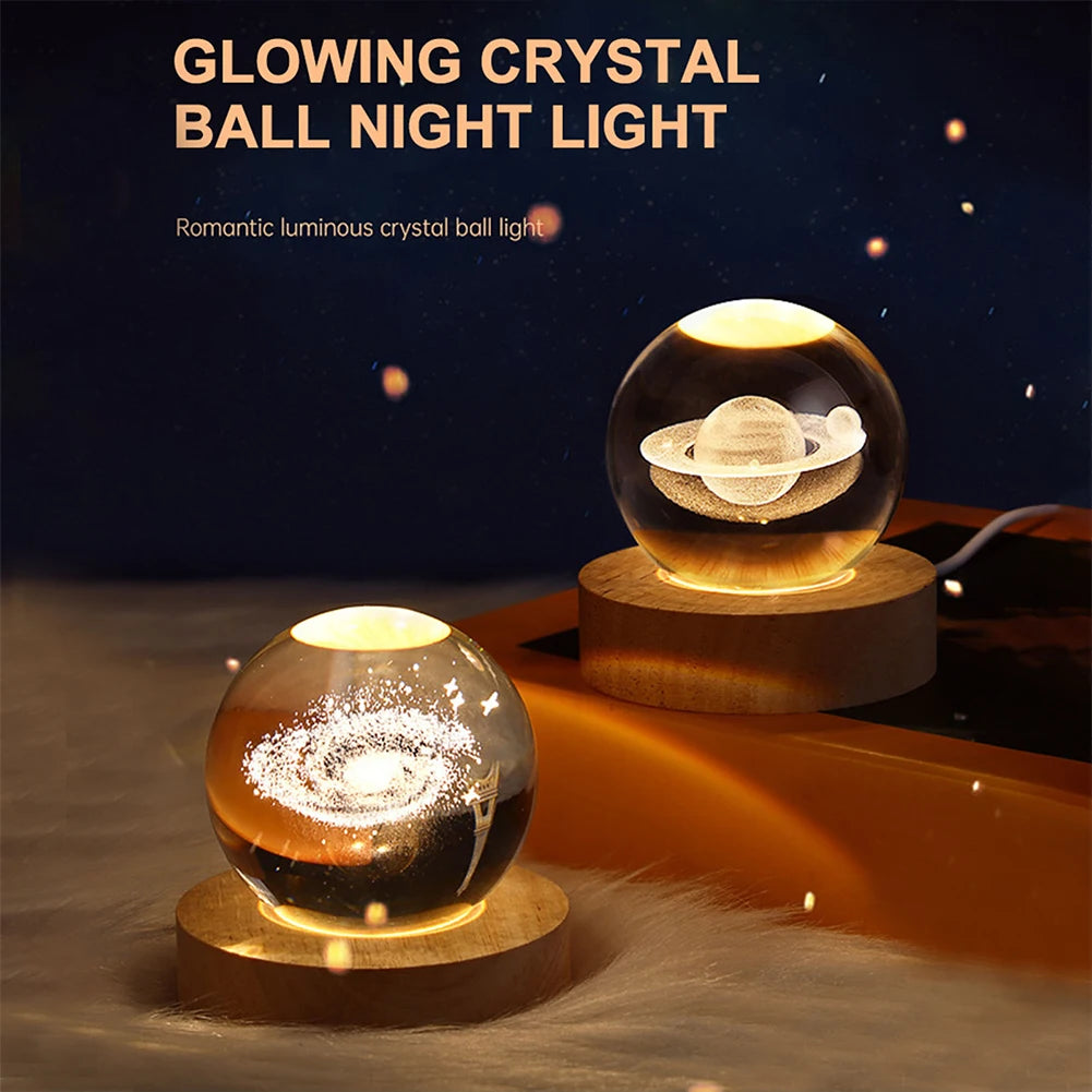 Crystal Ball LED Glowing Warm Color Saturn Galaxy 3D Engraving Desktop Lamp USB Bedroom Atmosphere Small Birthday Children Gift