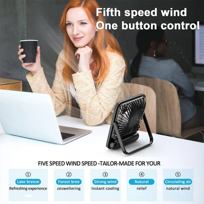 USB Desk Fan – Foldable & Quiet | 5 Speeds + Rechargeable