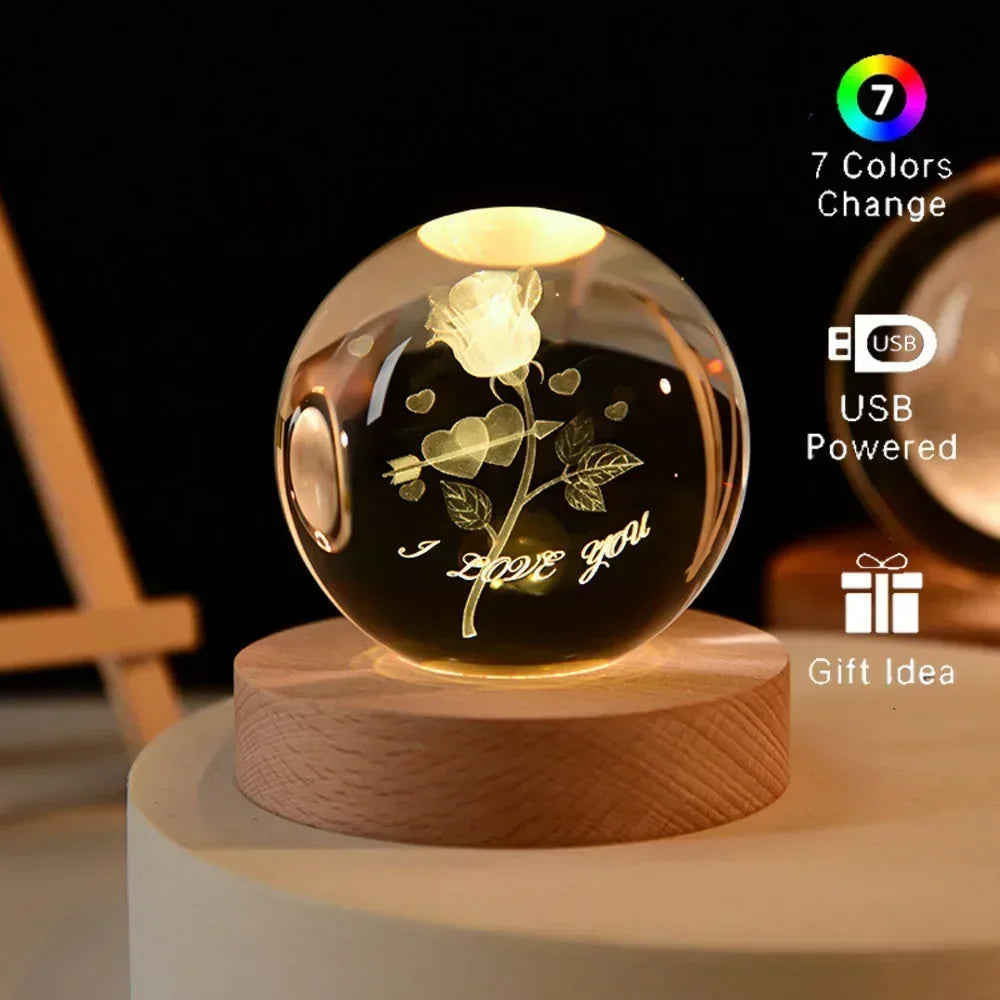 Veilleuse de Noël en cristal 3D avec base en bois, seven colors of the spectrum， LED  , cadeau pour garçons et filles, 6cm