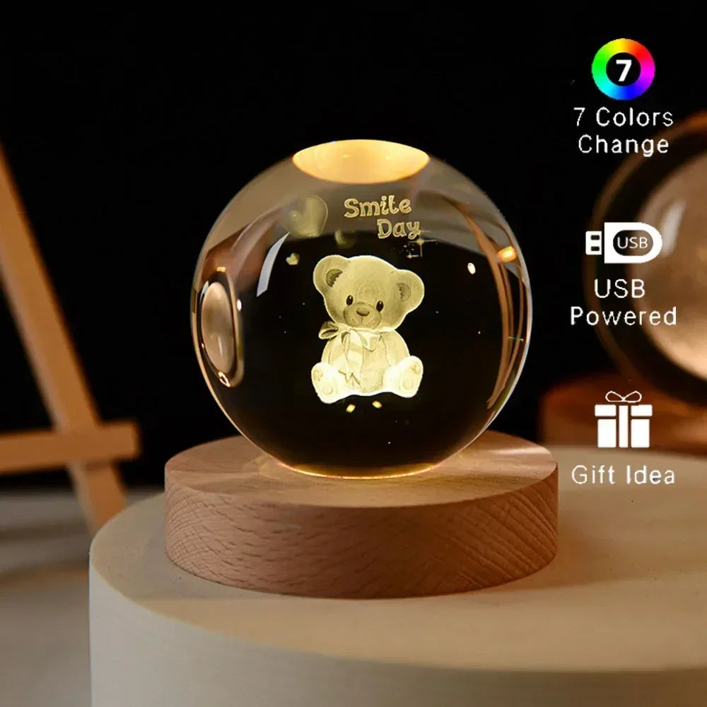 Veilleuse de Noël en cristal 3D avec base en bois, seven colors of the spectrum， LED  , cadeau pour garçons et filles, 6cm