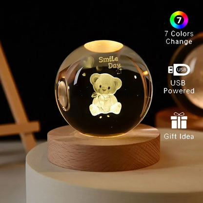 Veilleuse de Noël en cristal 3D avec base en bois, seven colors of the spectrum， LED  , cadeau pour garçons et filles, 6cm