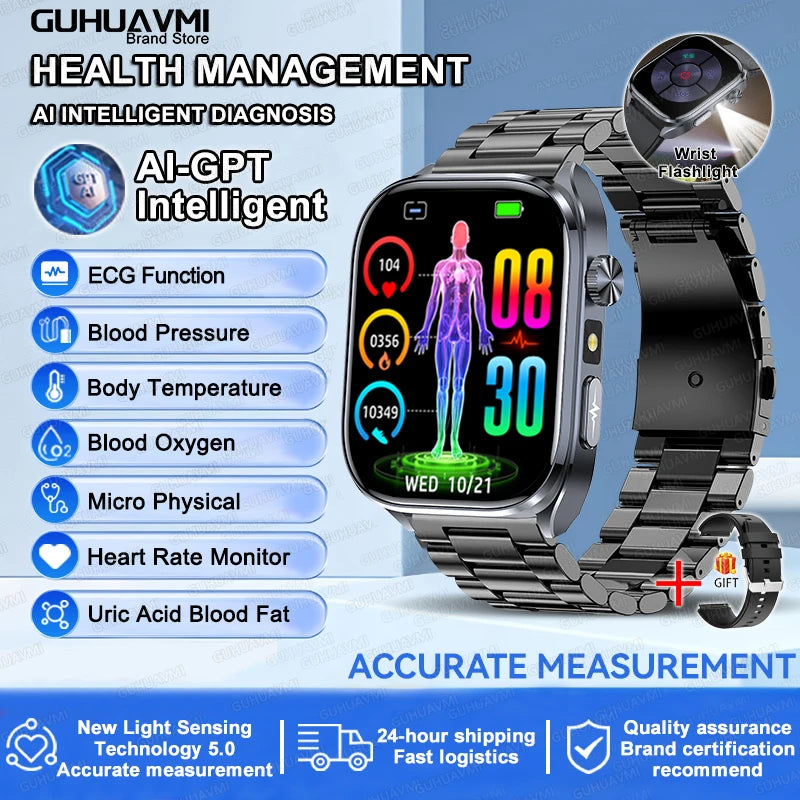 2025 New Health Tracker Uric Acid Lipids Blood Components Smart Watch Blood Pressure ECG+PPG Clock Body Analysis Smartwatch Men